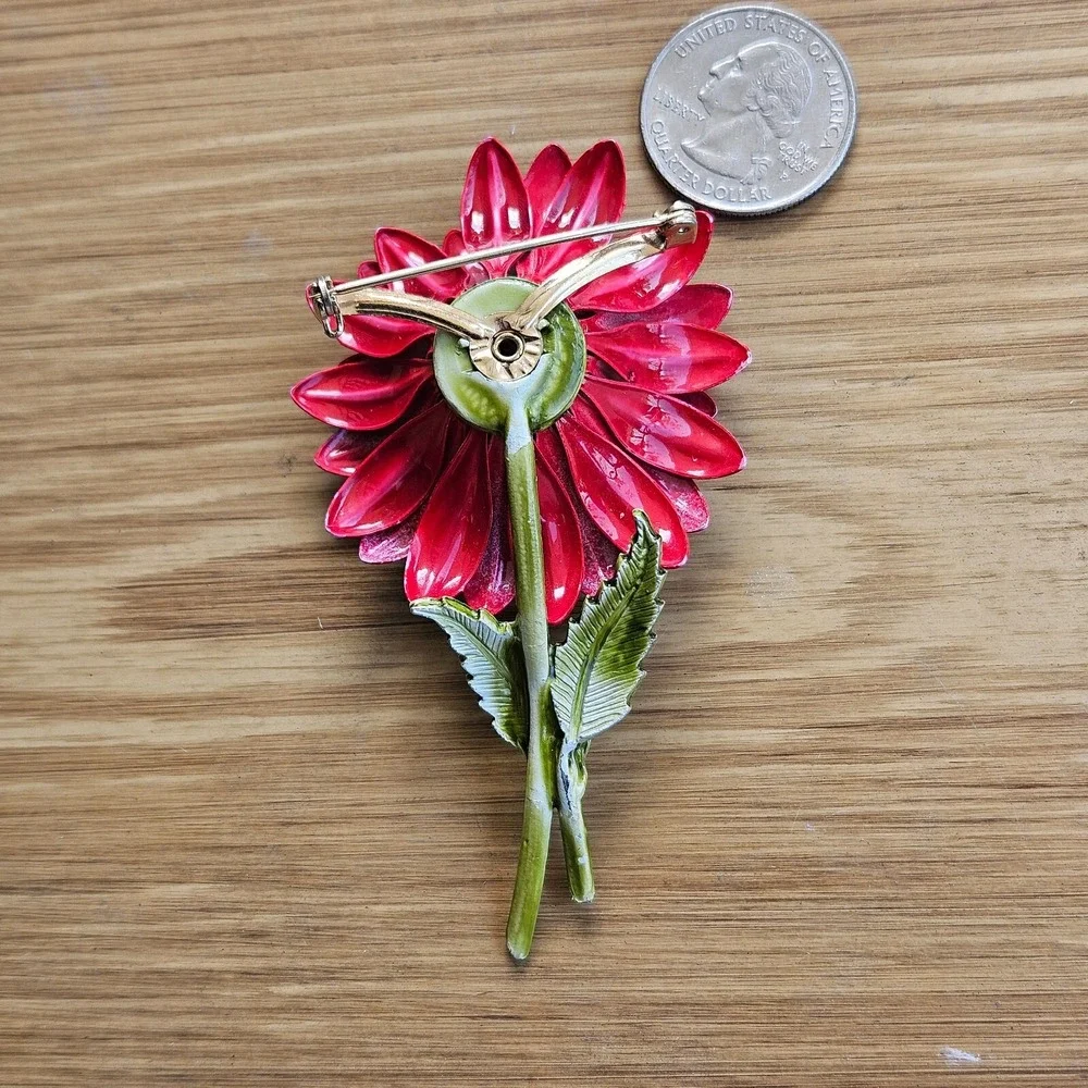 Vintage Red Enamel Painted Flower On Stem Brooch Pin‎ 3.54